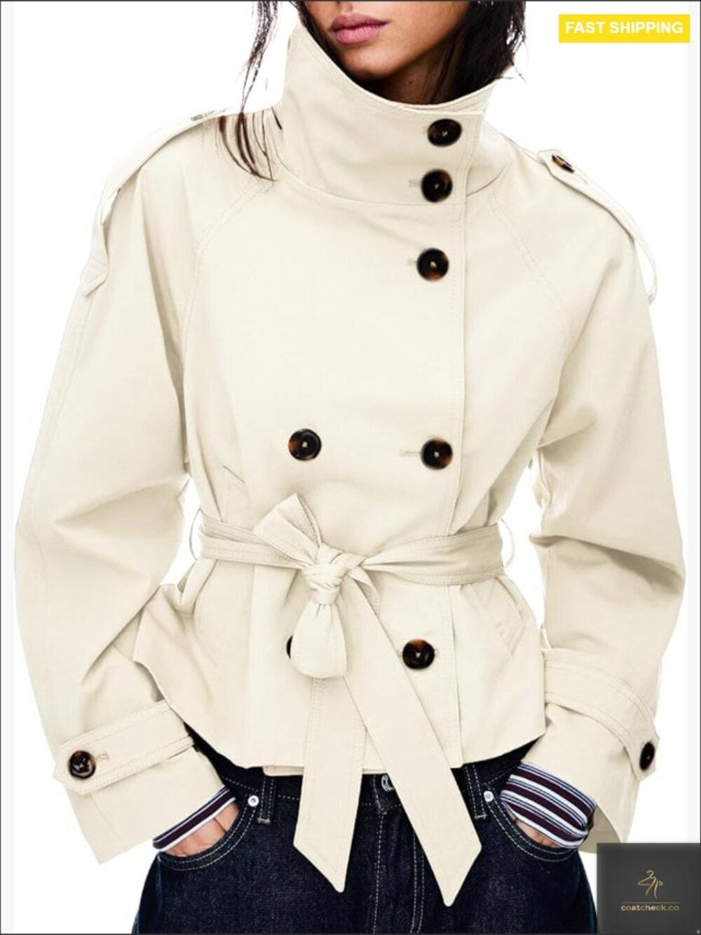 Cropped Trench Coat Double Breasted Short Jacket High Collar Fall Winter Coat